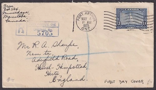 Canada 1935 13c Royal Yatch Britannia on registered First Day cover FDC