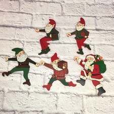 Vintage Wooden Christmas Elf Santa Ornaments Set Of 5 Hand-Painted Decor