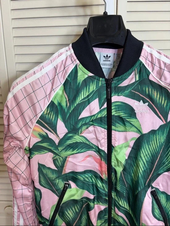 Adidas x Farm Rio Sz XS Pink Palm Tropical Leaf Pattern Track Jacket Full Zip image 3