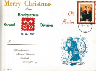 Tarjeta de Navidad 1967 Feliz Navidad BFPO 22 HQ Segunda División FDI edición limitada de 145
