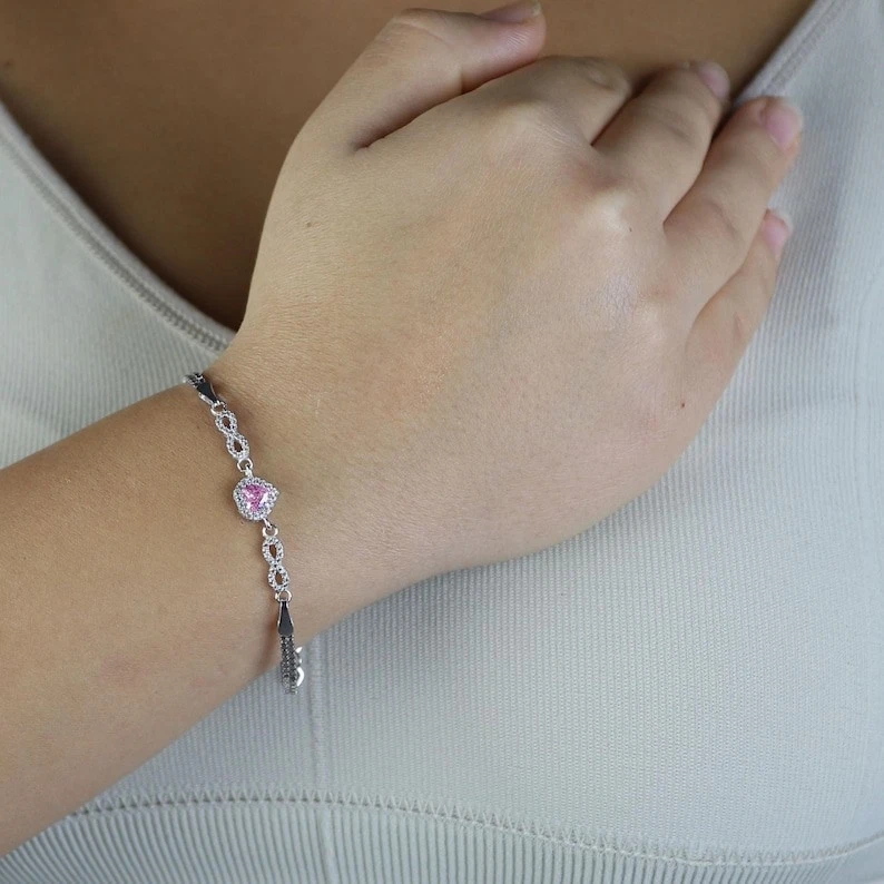 Pulsera Corazón Tenis Infinito Corazón Cuarzo Rosa Mujer Foto 3 de 4
