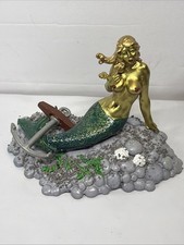Metal Mermaid Figure Gold Green With Base And Anchor 4" Long Detailed Heavy