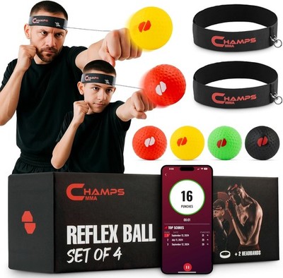 Boxing Reflex Ball Set With App 4 Balls Varying Weights 2 Headband Spare Strings