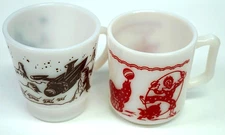 Lot of 2 Hazel Atlas Milk Glass Mug 6oz Red Circus Clowns & Space Atomic