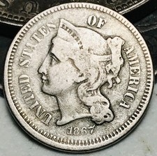 1867 Three Cent Nickel Piece 3C Ungraded Circulated Civil War US Coin CC29430