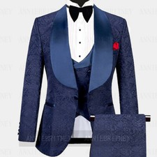 Men Navy Blue Floral Paisley Formal Groom Prom Party Dinner Tuxedo Wedding Suit