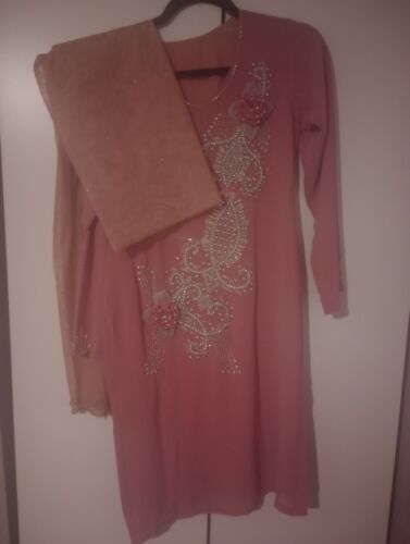 Pink Rhinestone Lined Shalwar Kameez 3 Piece Suit Fits Size 8 Small - Afbeelding 1 van 5