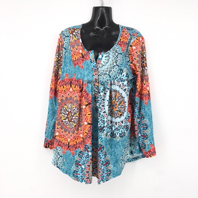 Vislily Womens Henley Shirt Blue Orange Mandala Stretch Notch Neck