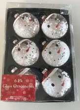 6 Pack Glass Ornaments Holiday Snowman Heads W/Beanie Ornaments Red/Wht