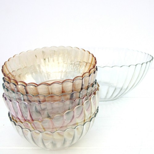 Vintage Retro French Glass Fruit Set Serving Bowl 6 Harlequin Dishes