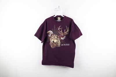 Vintage 90s Mens Size Large Faded Nature Eagle Wolf Deer T-Shirt Purple USA