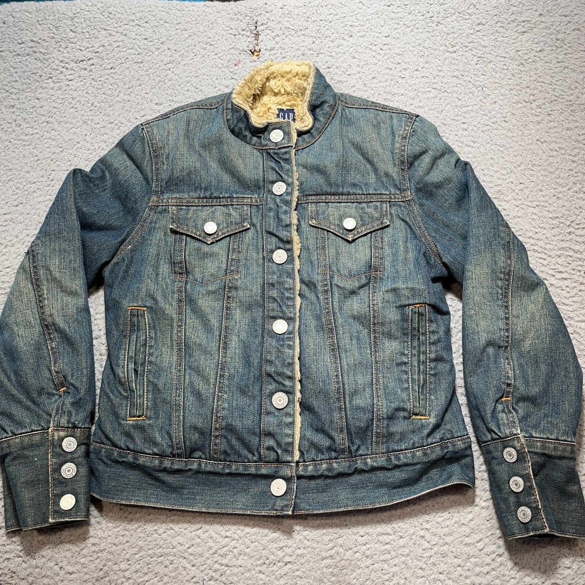 GAP Denim Trucker Jean Jacket Fur Lined Womens XS Blue Cuff