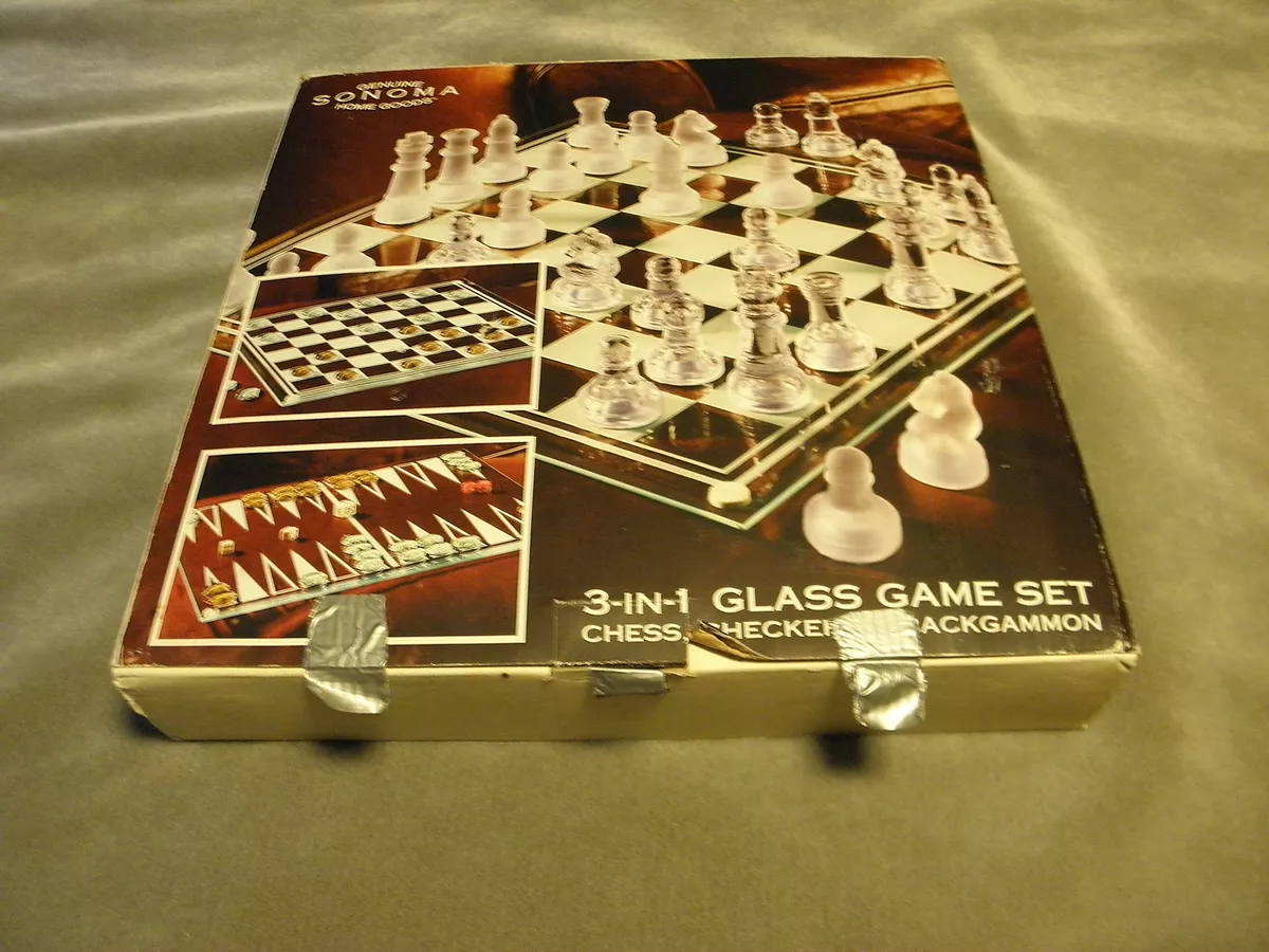 Genuine Sonoma 3 in 1 Glass Game Set Chess Checkers & Backgammon NIB