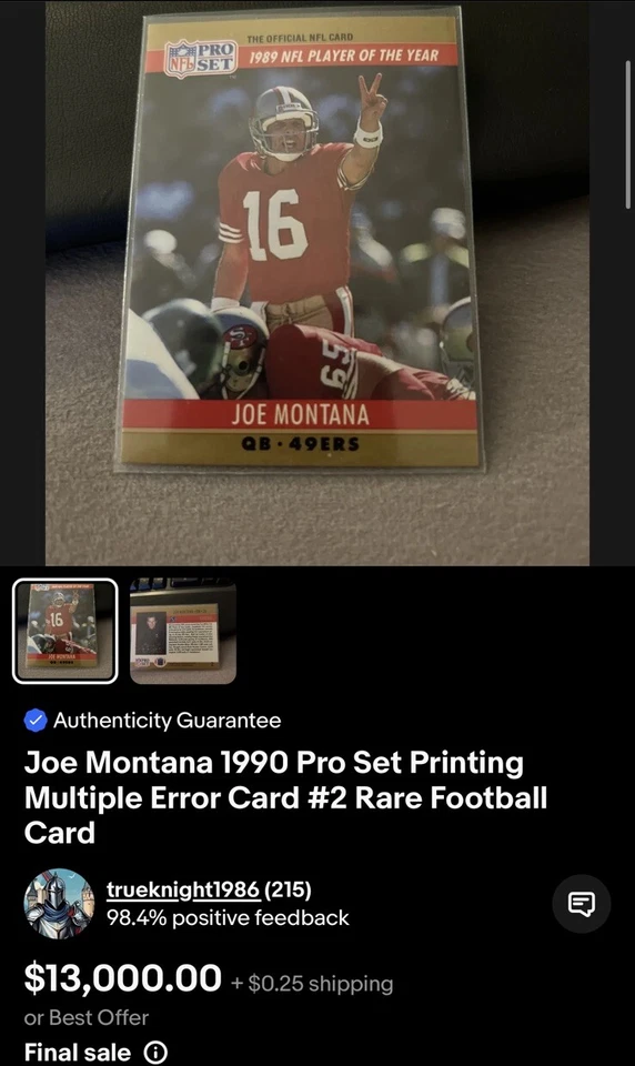 (2) Joe Montana San Francisco 49ers 1990 Pro Set #2 Error Card READ DESCRIPTION - Image 4 of 4