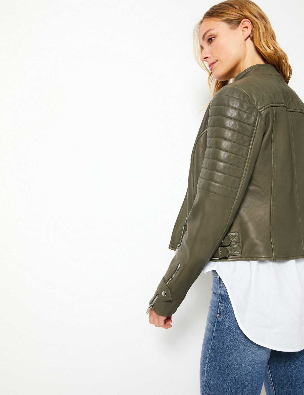EX  M&S , Per Una Short ,Fitted Leather Biker Jacket in Dark Olive/ Khaki UK 8 image 6