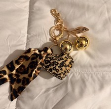 Generic Leopard Print Heart and Bow Keychain with Gold Bells
