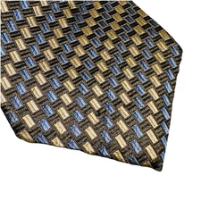 Geoffrey Beene Silk Tie Brown Tan Blue Geometric Print Mens Necktie 60 x 4 USA