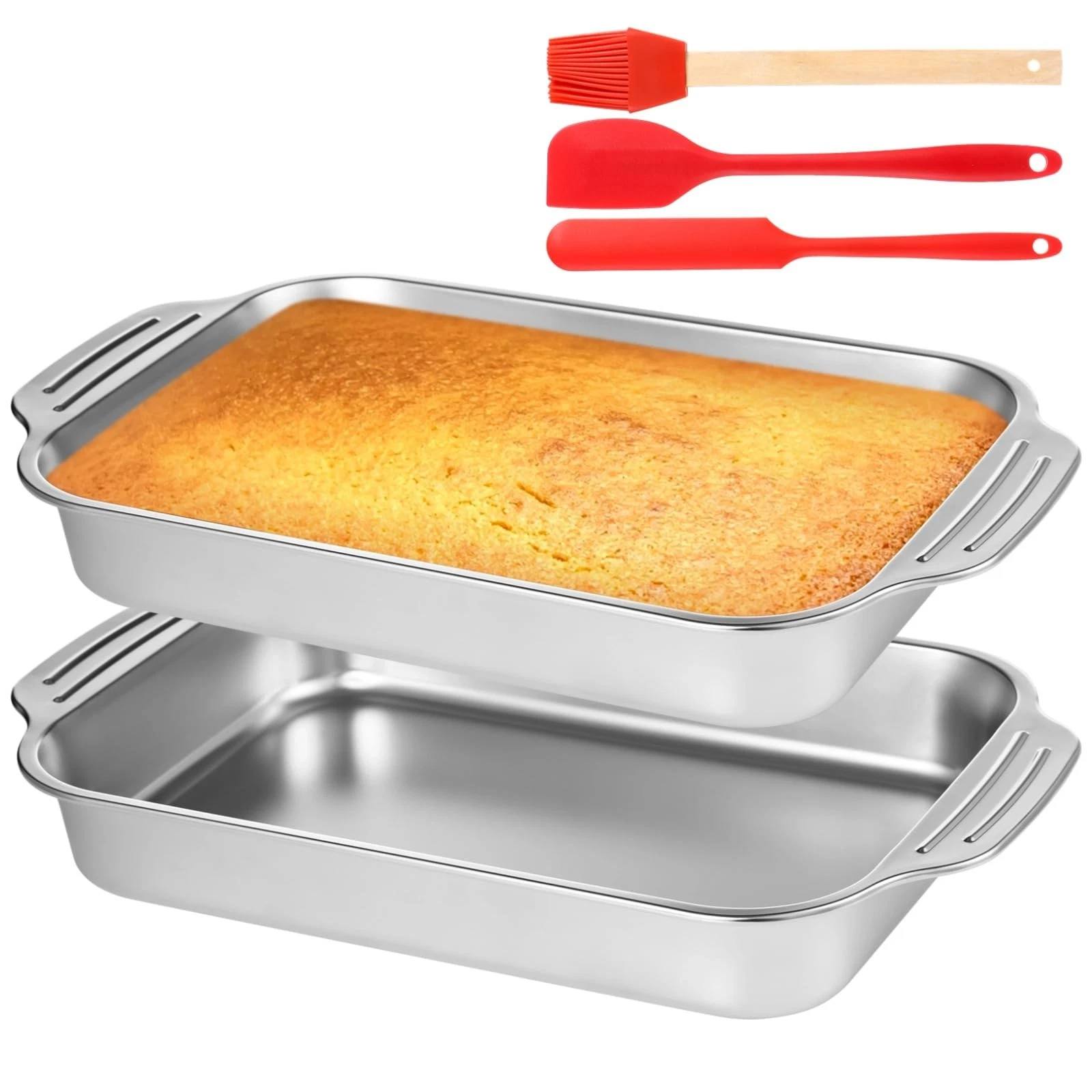 2 Pcs Stainless Steel Cake Pans, 9x13 Rectangular Baking Pans with Silicone B...