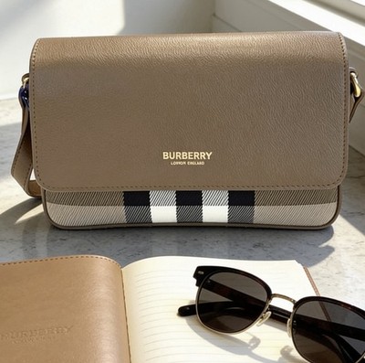 Burberry Hampshire Small Brown House Check & Leather Crossbody Bag Reg $1,150