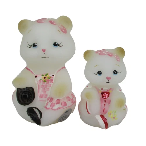 VINTAGE FENTON Mother & Cub Bear Figurine SET White Satin Hand-Painted Pink Sign