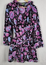 Vera Bradley Womens Floral Hooded Fleece Short Robe Size S/M Cozy Black Purple