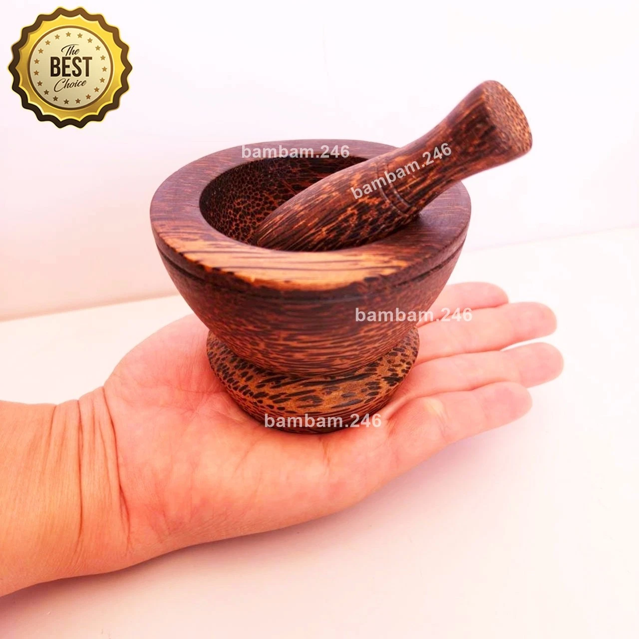 Mini Palm Wood Mortar & Pestle Set 3.5" Dia Handcrafted Thai Spice Grinder Rusti