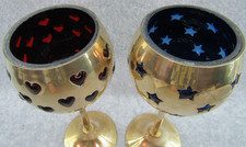 Brass Votive Candle Holder RED Glass HEART + BLUE Glass STAR Cutouts Lot 2 ~ 8"H