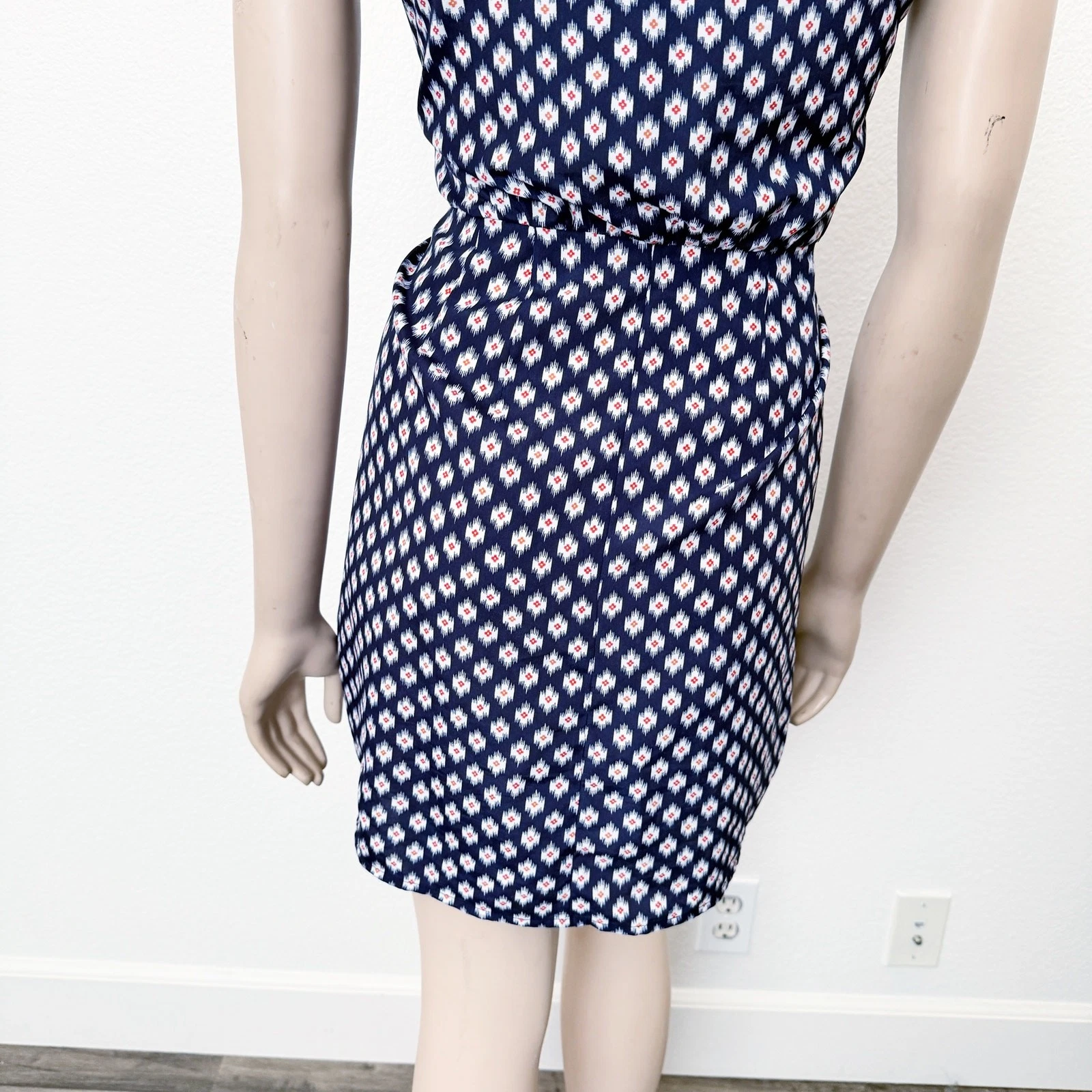 Abito mini camicia Michael Michael Kors taglia 0 blu stampa Ikat senza maniche nodo cravatta