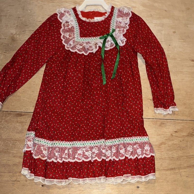Bryan Girls 4 Red Floral A-Line Long Sleeve Knee Dress Lace Trim Bow 1980s vinta