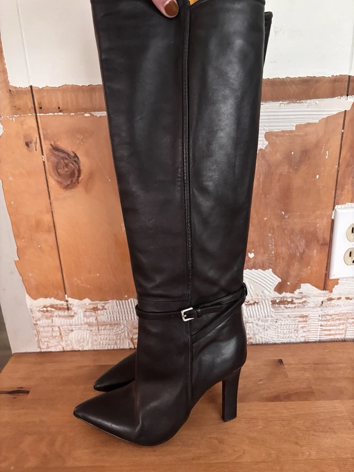 Botas para mujer Reiss de cuero negro hasta la rodilla tacón de aguja punta EU 35 US 5 Foto 4 de 4