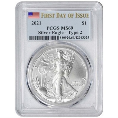 2021, American Silver Eagle, Type 2, MS-69, PCGS, First Day of Issue, W