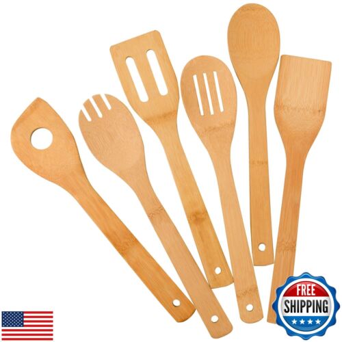 Bamboo Kitchen Utensils, 6 pcs Nonstick Spatula Tools with Handles, Heat Resi