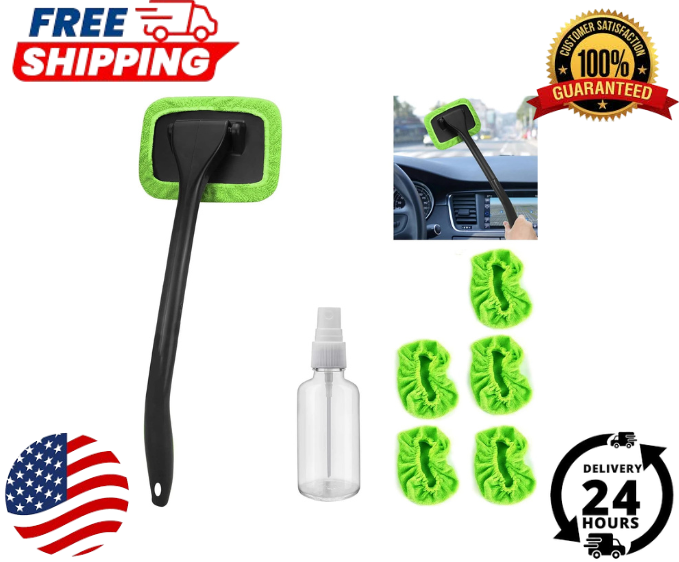 Car Windshield Cleaning Tool, Cleaner w/ Washable Pad, Reusable Microfiber Pads