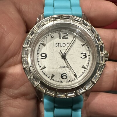 Working*Studio Teal Silicon Strap Women s Watch Rhinestones Dial Transparent