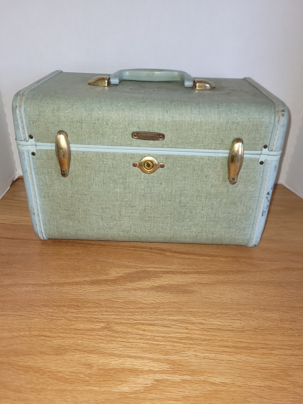 Vintage 1950s SAMSONITE Mint Green/Blue Tweed Train Case Luggage Make