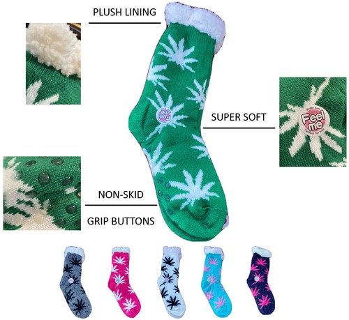 Women Thermal Cozy Fuzzy Marijuana Sherpa Plush Lined Non Slip Slipper Socks