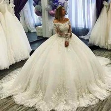 Long Sleeves Ball Wedding Dresses Applique CourtTrain Princess Formal BridalGown