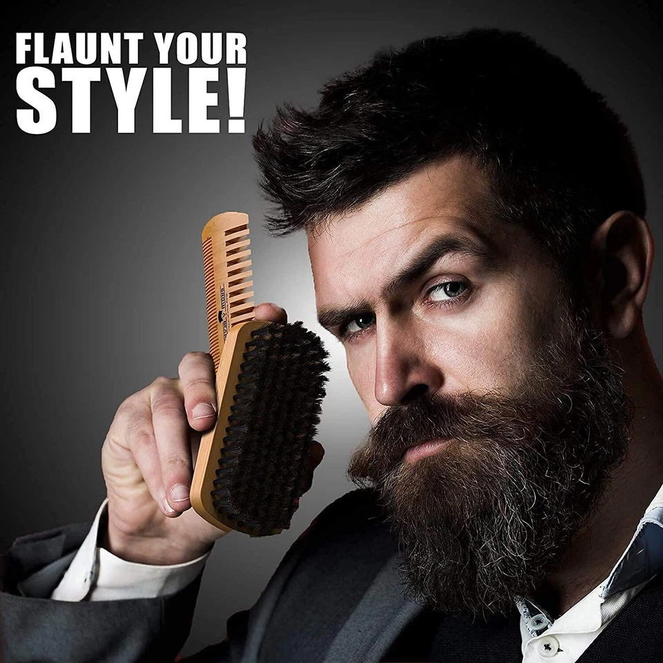 Beard Brush for Men Comb Set Mustache Scissors Grooming Kit Natural Boar Bristle - Image 2 of 4