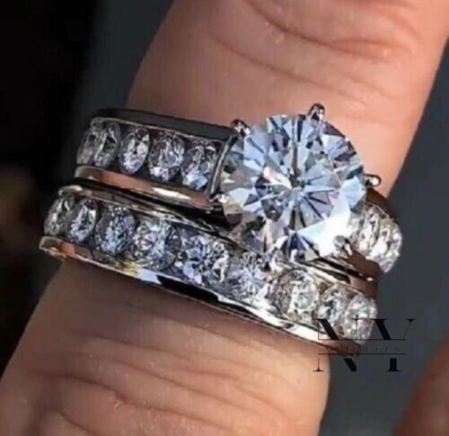 3 CT Bridal Set Moissanite Engagement Ring Solid 14k White Gold Round Cut VVS1 - Picture 2 of 7