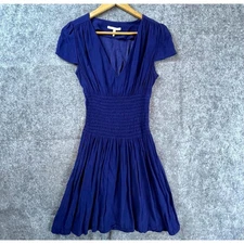 Maje Dress 3 Small Blue Smocked Ruffle Basics Minimalist Stretch Twirl Modest