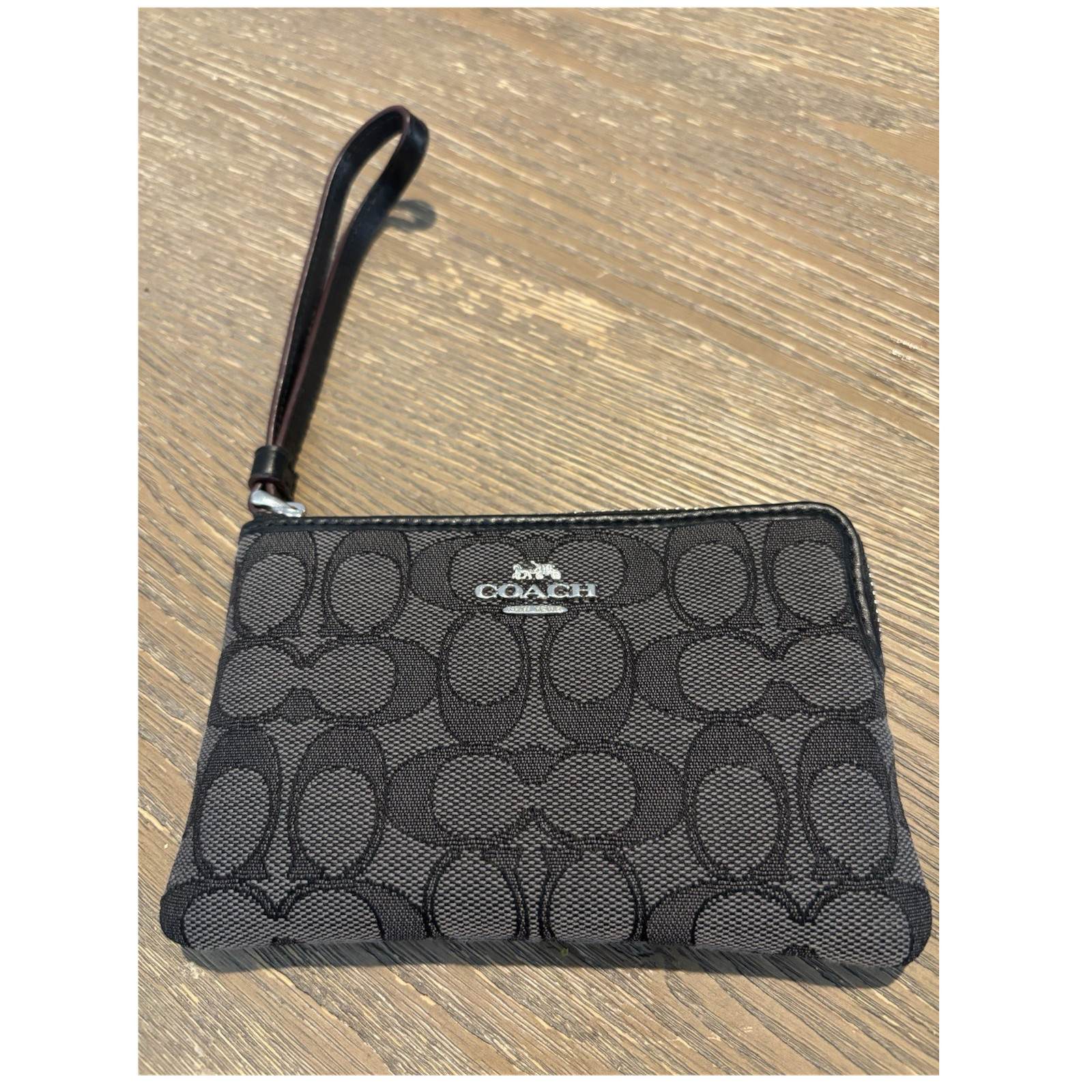 Coach Women's Black/Gray Signature Logo Zip Wristlet Wallet Card Slots Pockets