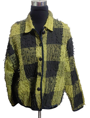 New Direction Shirt Jacket Green Black Color Block Stringy Shaggy SZ Large Boho