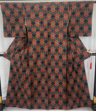 Japanese Vintage Kimono Silk Black Oshima Traditional Authentic Length 63 in