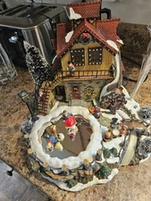 Christmas Village Fiber Optic Mill Scene Musical  Pond Ice Skaters  PLEASE READ