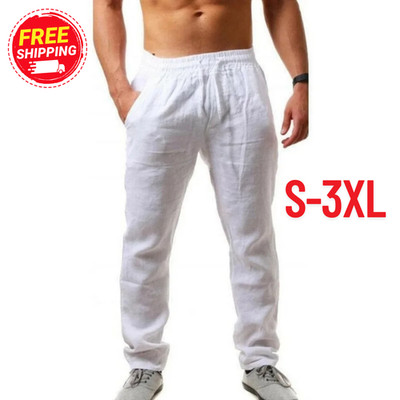 Men's Casual Cotton Linen Pants Autumn Breathable Fit Summer Beach Outdoor Gift