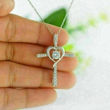 2Ct Round Cut Diamond Heart Cross Pendant 18" Free Chain 14k White gold Finish