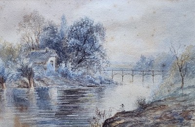 Viktorianisches Aquarell Flusslandschaft Cottage & Bogenbrücke Südwestengland