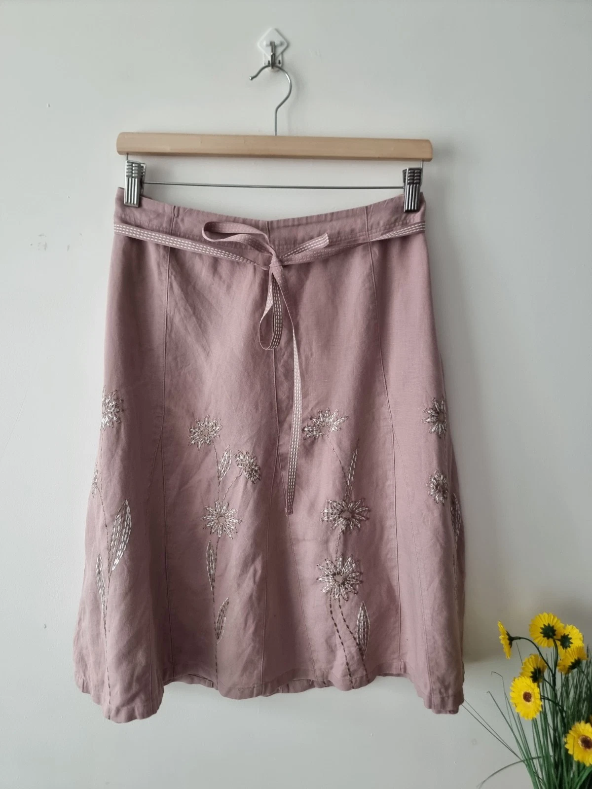 NEXT UK 16 Dusty Pink 100% Linen A-Line Midi Skirt Vintage Y2K