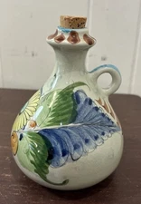 Vintage Tonala Mexico Oil Bottle Jug w/Cork Mexican Floral Pottery Signed 6 1/2”