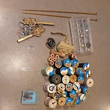 Lot Of 30+ Vintage Thread Spools Some Wood,  Tape Measures, Knitting Needles
